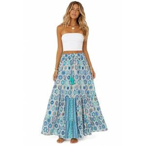 Boho Floral Patchwork Print Maxi Skirt L Blue Teal Tiered Tassel Festival Flowy